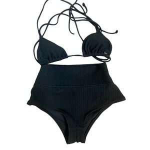 PINK Victoria's Secret Black Textured High Waisted Bikini Swimsuit Set‎ XS